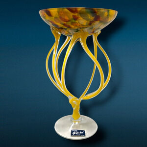 Vtg Jozefina Krosno Makora Poland Yellow Art Glass Jellyfish Compote Bowl Dish